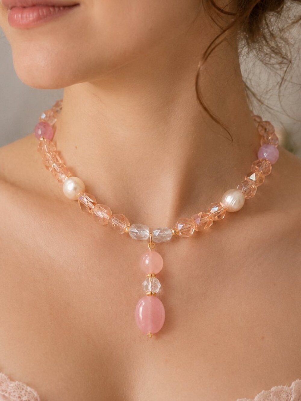 Pink Czech Glass Necklace Rose Quartz Pendant, Freshwater Pearls 24k Gold Plated